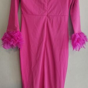 SHEIN Hot Pink Long Sleeve Dress with Feather Cuffs